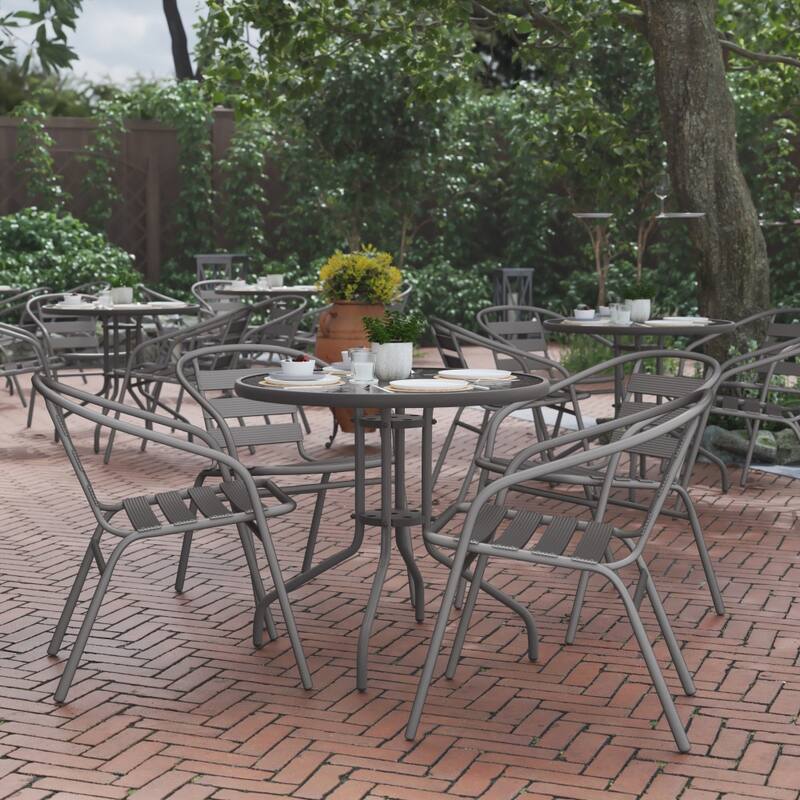 31.5" Round Glass Metal Table with 4 Metal Aluminum Slat Stack Chairs - Silver