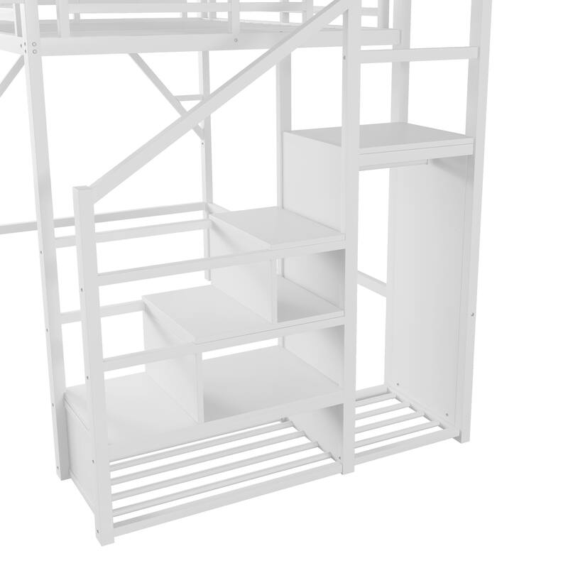Heavy Duty Metal Storage Loft Bed with Bedside Shelf and Under Bed Storage, Iron High Loftbed Frame with Built In Wardrobe