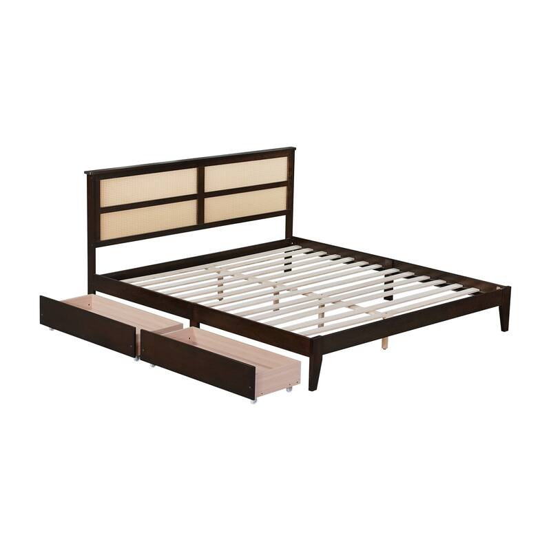 King Size Bed with Rattan Headboard, 2 Under-Bed Storage Drawers, Solid Rubber Wood Frame with Enhanced Support