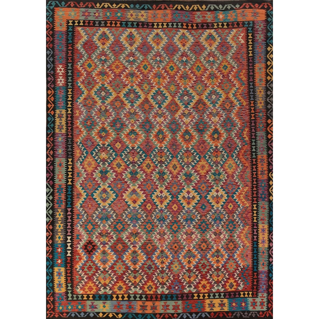 All-Over Trellis Kilim Oriental Area Rug Hand-Woven Wool Carpet - 9'10"x 12'11"