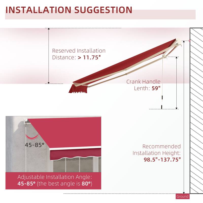 Outsunny 13' x 8' Manual Retractable Sun Shade Patio Awning with Durable Design & Adjustable Length Canopy, Wine Red