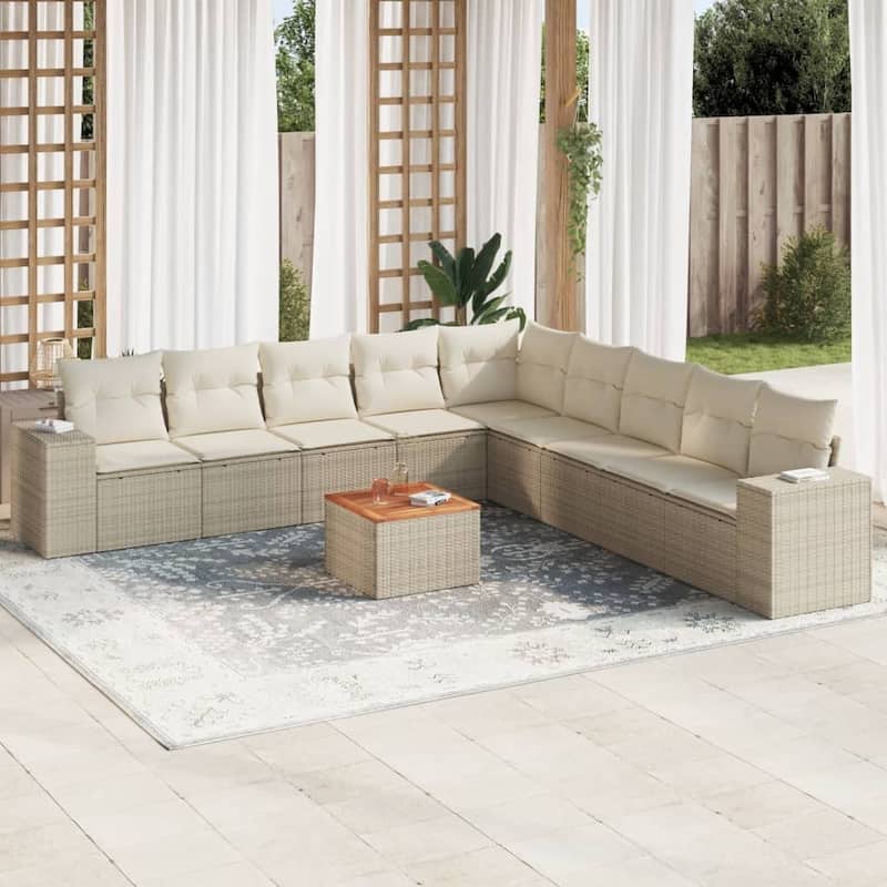 vidaXL Patio Sofa Set with Cushions Outdoor Furniture 10 Piece Poly Rattan - 21.7 x 21.7 x 14.6 - Beige and cream 10 Piece Set