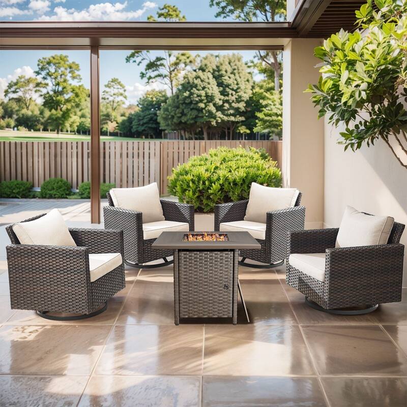 Outdoor Pocassy Glider Chairs Patio Chairs with Fire Table - Brown Wicker Beige Cushion - 5PCS Swivel Chairs