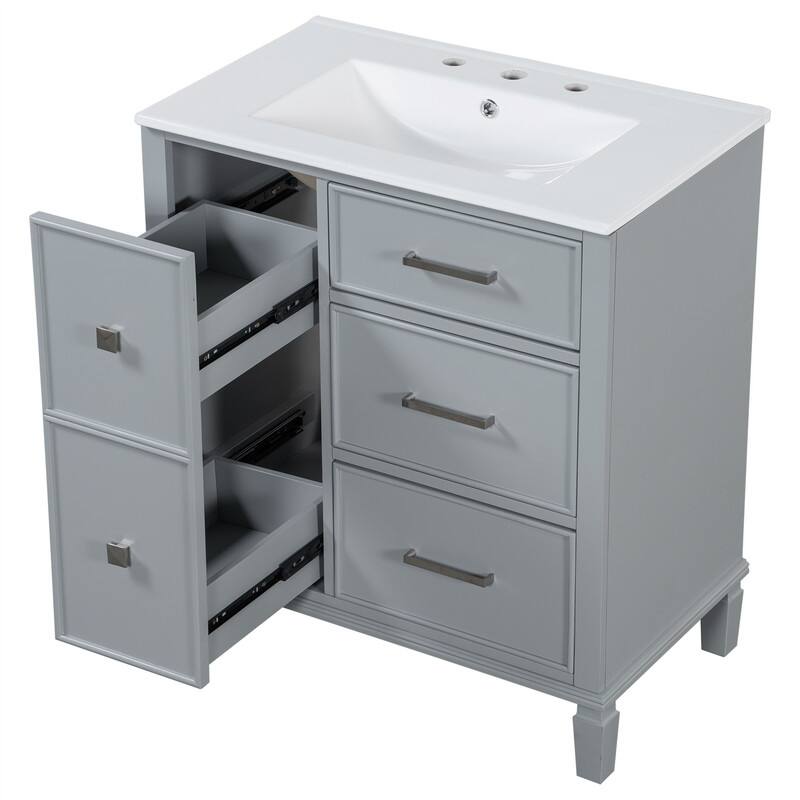 30'' Bathroom Vanity with Ceramic Sink, Freestanding Bathroom Vanity Cabinet with 3 Soft Close Drawers and 1 Flip-Out Drawer