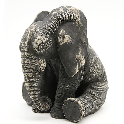 Sitting Elephant Statuette Figurine Sculpture Distressed Grey-Ecru - 5.8"H x 5.8"L x 4.9"W