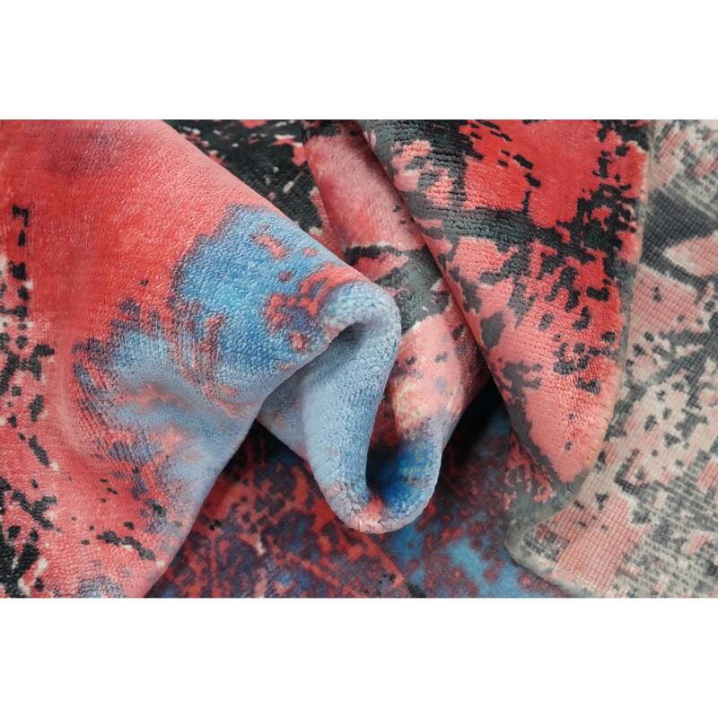 Hand Knotted Oriental Viscose Silk Carpet Modern Pictorial Pink Abstract Area Rug - 7' 8'' X 5' 7''