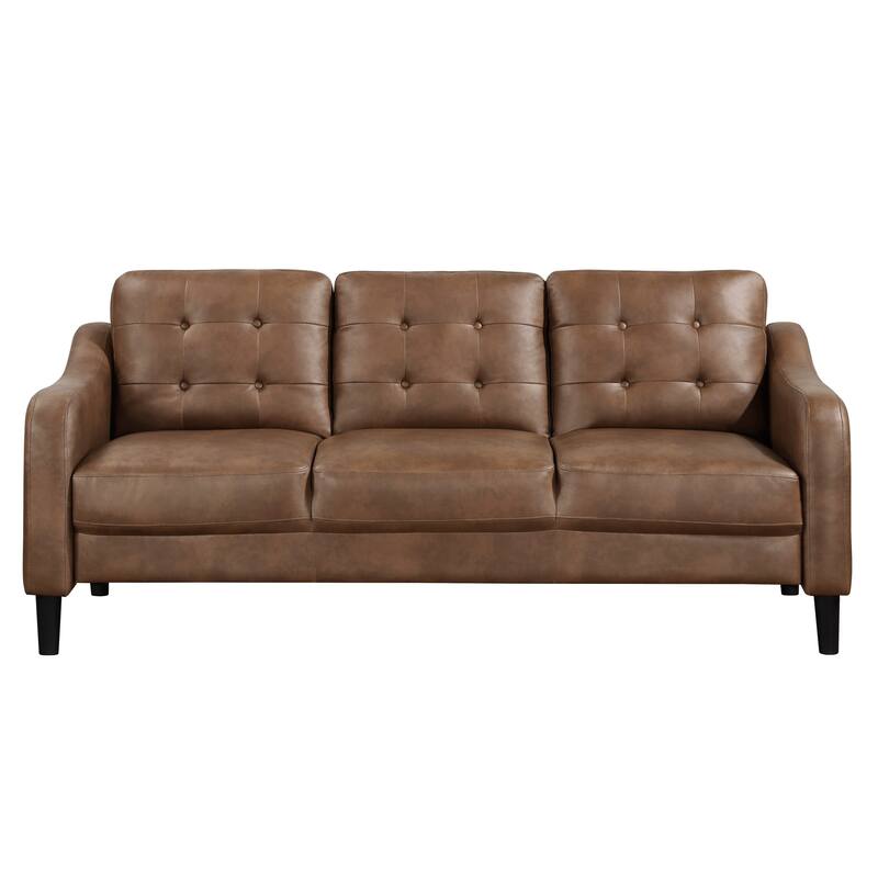 Orry 77 Inch Sofa, Button Tufted Back, Brown Microfiber, Black Solid Wood
