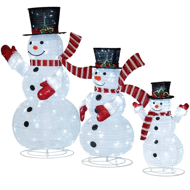 Gymax Set of 3 Pre-Lit 3D Snowman Set w/270 LED Lights for Home Lawn - Multicolor