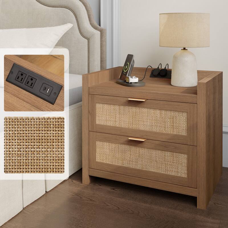 Farmhouse Nightstand with Charging Station and Drawers