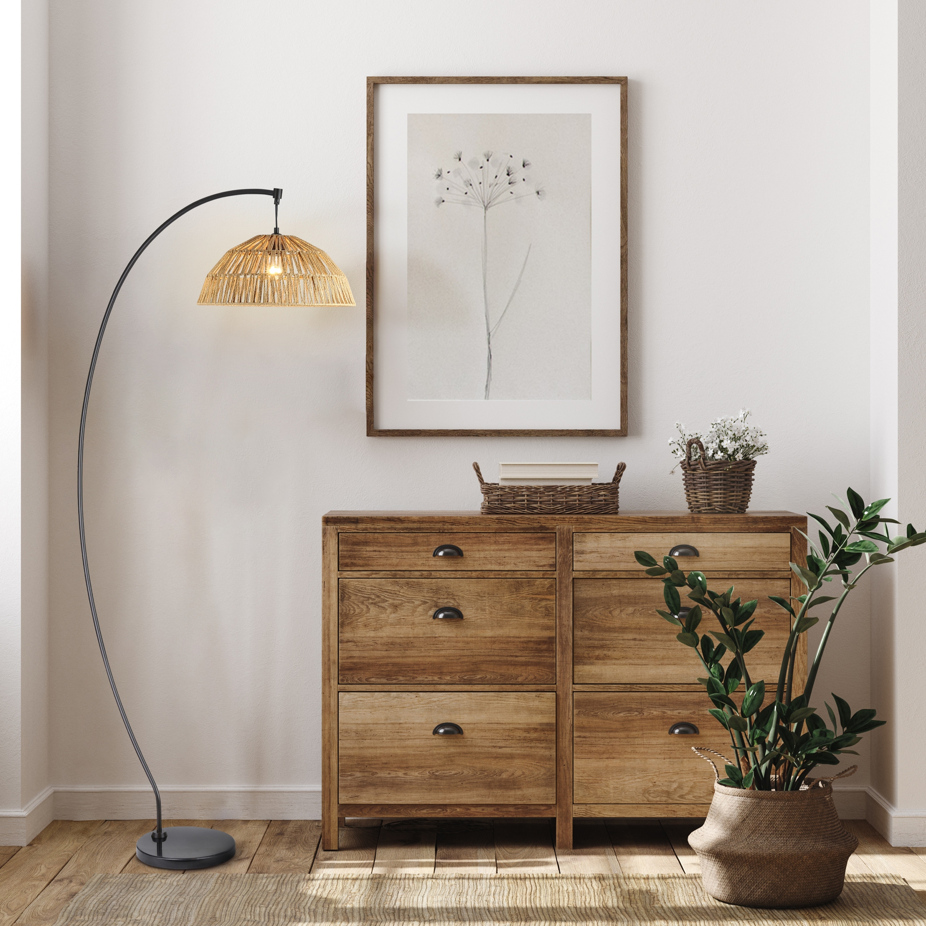 River of Goods Raina Black Metal and Natural Rattan Boho 77-Inch Floor Lamp - 40" x 17" x 77"