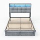 preview thumbnail 2 of 21, Full Size Upholstered Bed Frame with LED Lights and Charging Ports, Storage Headboard with Shelves