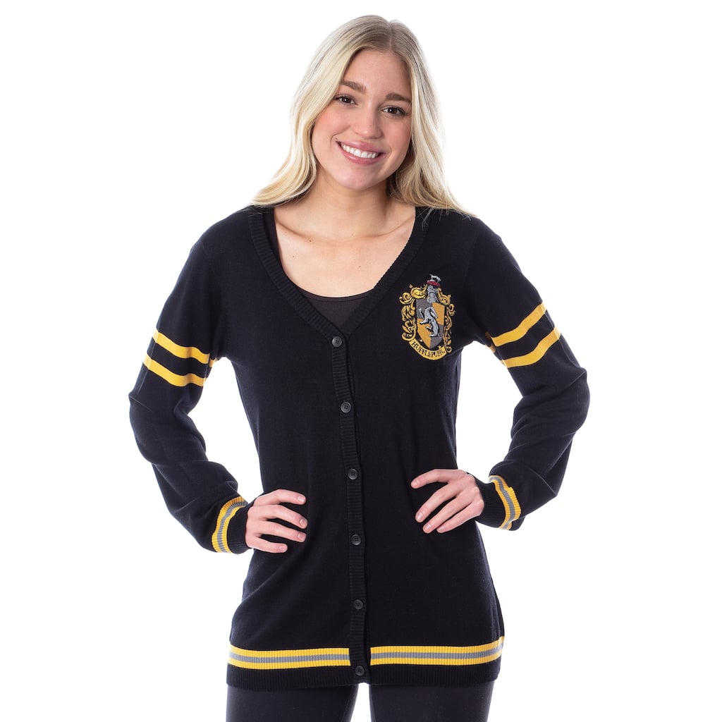 Harry Potter Womens Hufflepuff House Open Front Cardigan Juniors Knit Sweater