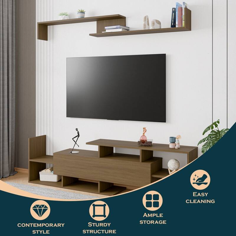 Surrey Multi-functional 60-Inch Modern Wood TV Console with Drawer, Book Case and Open Shelves in Stained Wood Finish