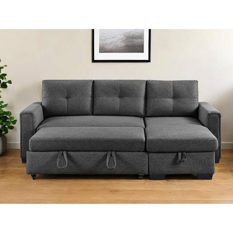 HomeRoots 92" Dark Gray Polyester Blend Convertible Futon Sleeper Sofa With Black Legs - 92