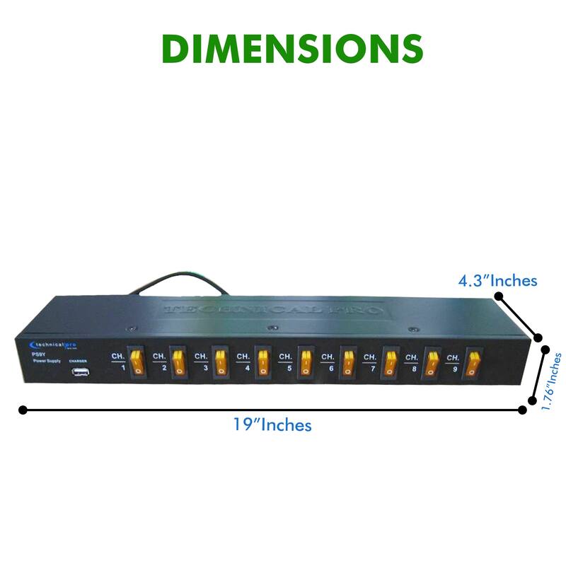 Technical Pro 1800 Watts Rack Mount Power Strip with 5V USB Charging Port, 9 power switches, Heavy Duty Electric Extension Cords