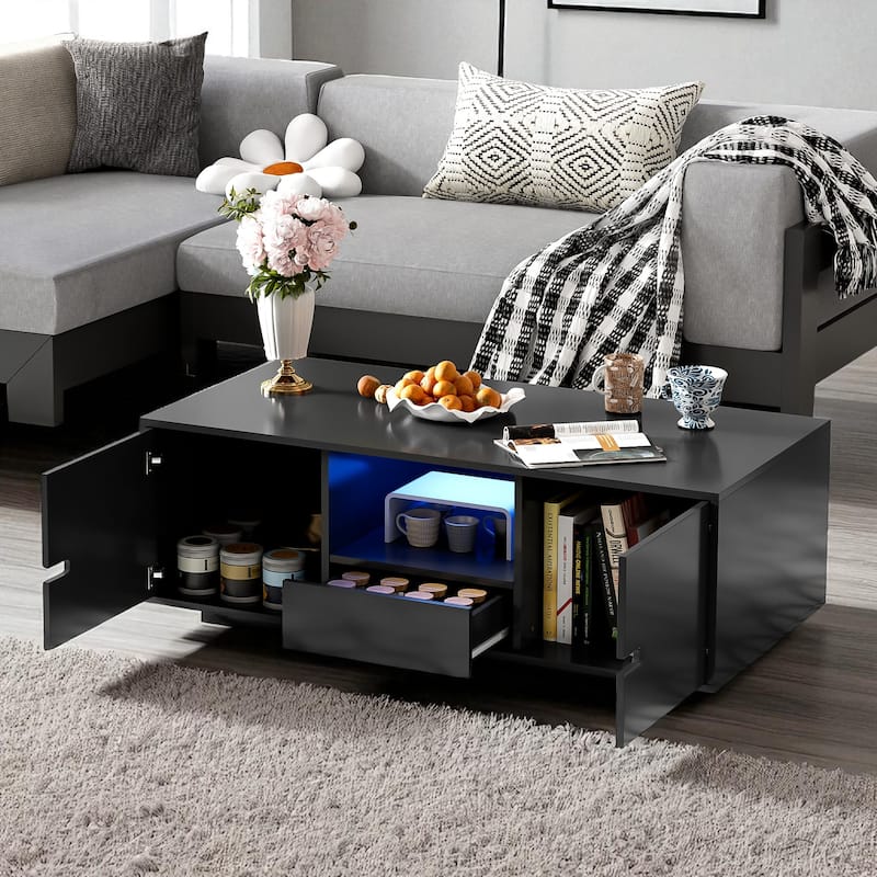 Modern High Gloss Rectangle Coffee Table with Storage and 16-Color LED Lights, Contemporary Center Table