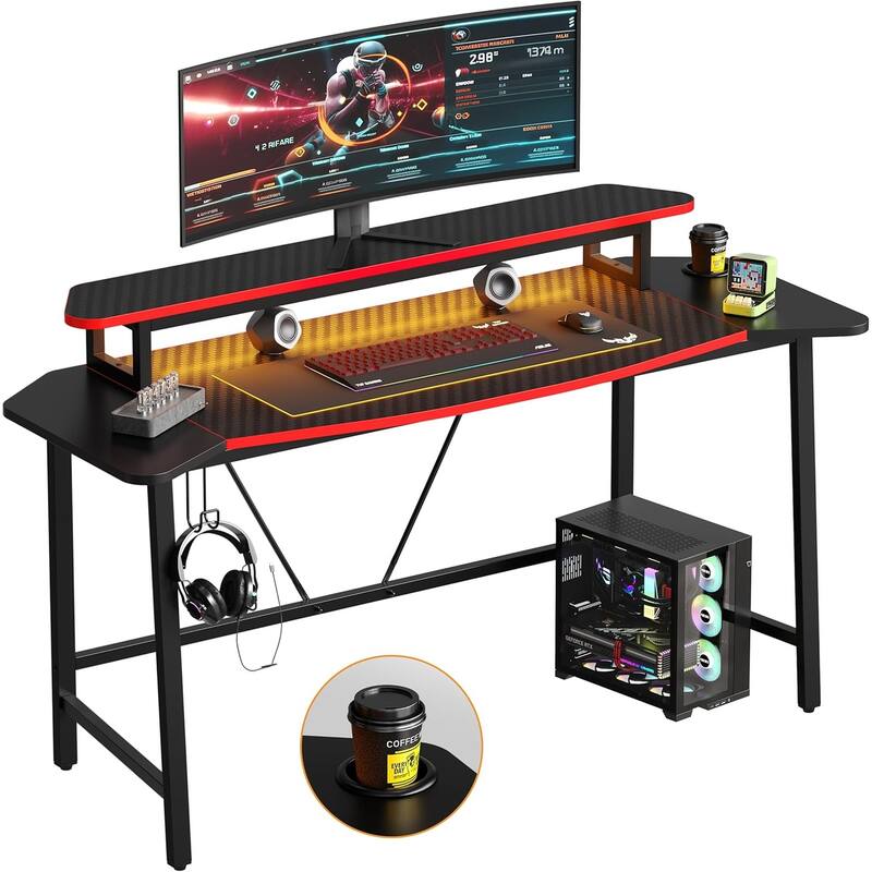 Bestier Gaming Desk 63" Computer Office table with LED Lights & Monitor Stand