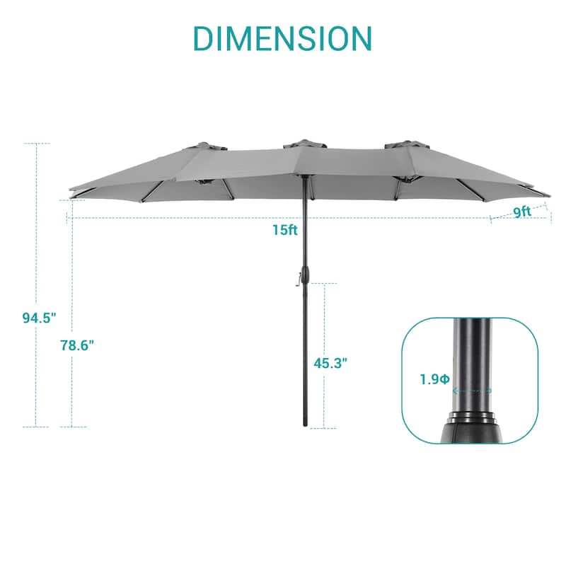 BONOSUKI 15x9ft Double-Sided Patio Umbrella Aluminum with Large Canopy