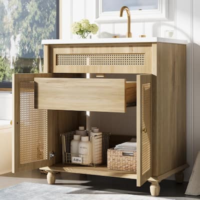 Christopher Knight Home - Hilton 30-Inch Bathroom Vanity: Handwoven Rattan Doors with Solid Wood Legs & Resin Basin