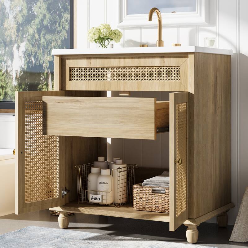 Roomfitters 30" Bathroom Vanity with Handwoven Rattan Doors and Resin Basin Sink, Natural Wood