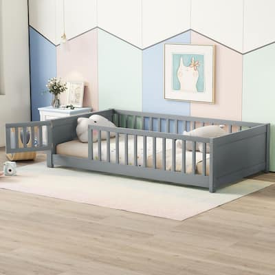 Twin Size Floor Platform Bed with Built-in Book Storage Rack, Door