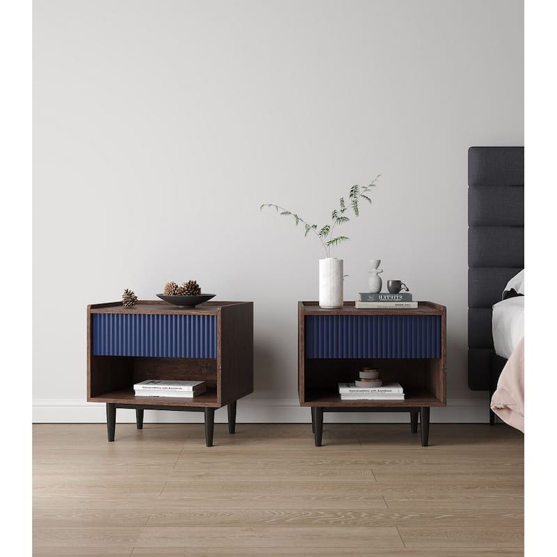 Manhattan Comfort Duane Modern Ribbed Nightstand Set of 2 - Navy Blue