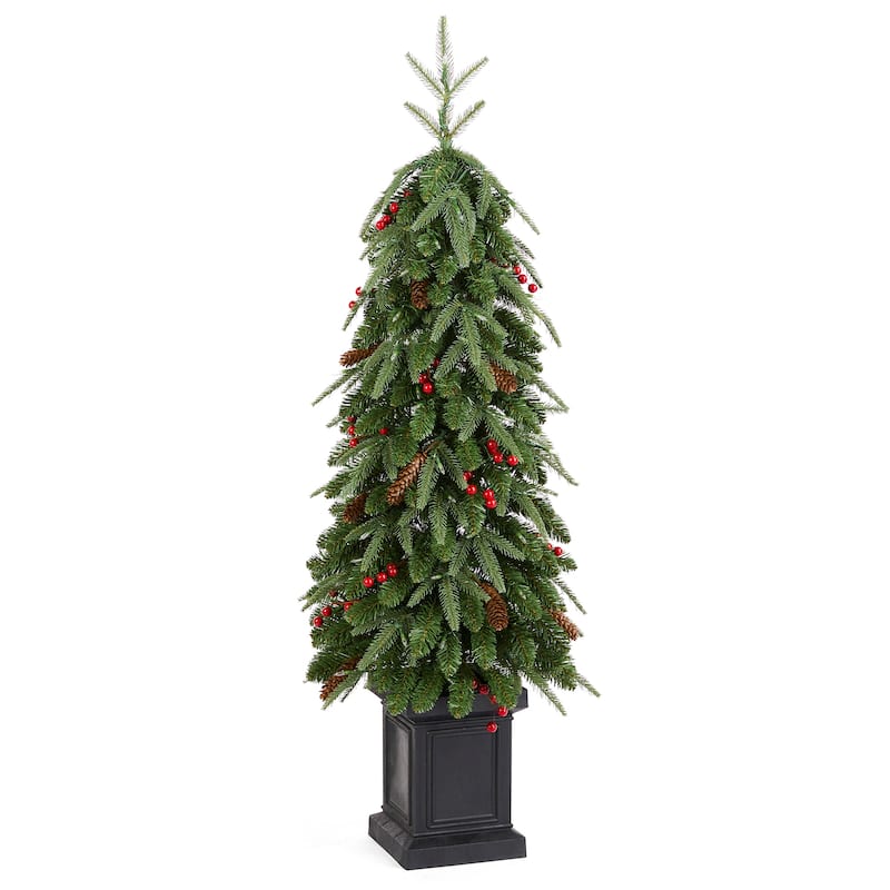 Glitzhome 4ft/6ft/7ft Pre-lit Green Artificial Christmas Porch Tree with Red Berries,Pinecones and 100 Warm White Lights