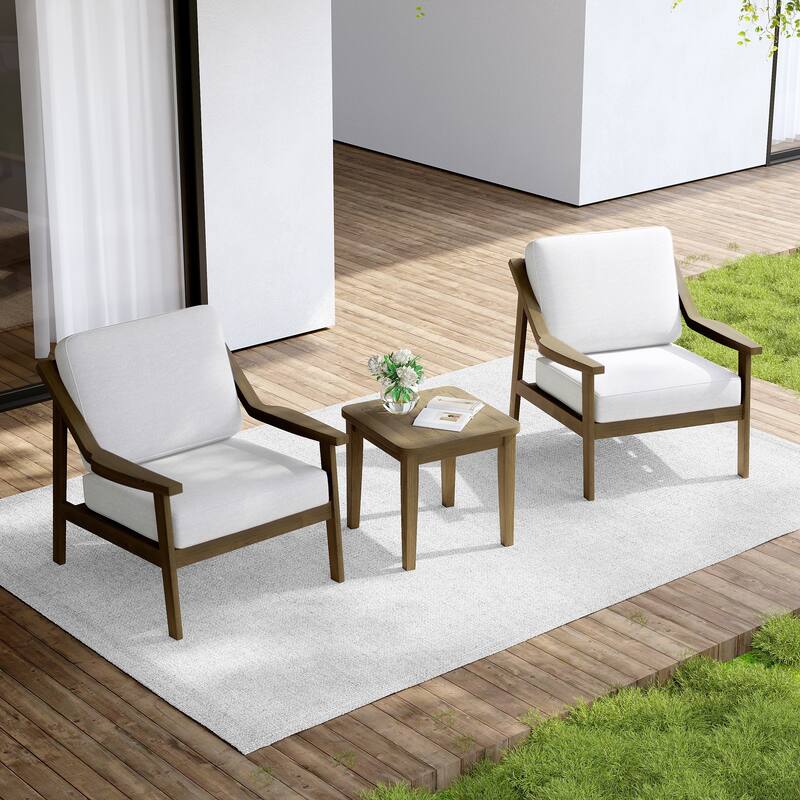 Outdoor Wood Cushioned Patio Set of 2 Accent Chair with Side Table