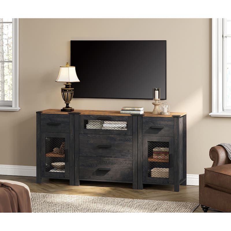 WAMPAT TV Stand with 5 Drawers and 2 Door Storage, Dresser Organizer Units with Adjustable Shelf - 1 Pack - Dark Walnut and Black