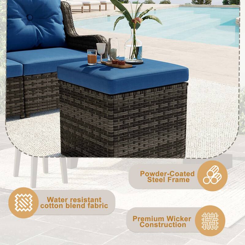 17.7" W Outdoor Rattan Patio Square Ottoman with Seat Cushion