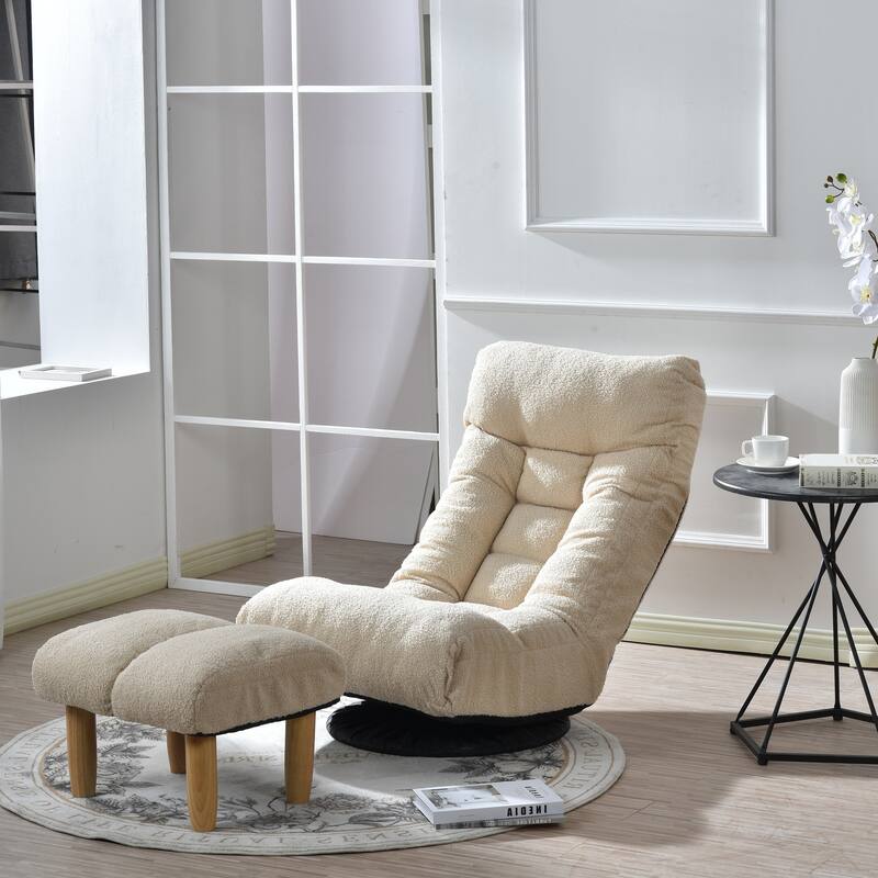 Beige Boucle Upholstered 360° Swivel Armless Manual Leisure Recliner Set with Ottoman, Adjustable Headrest and Backrest