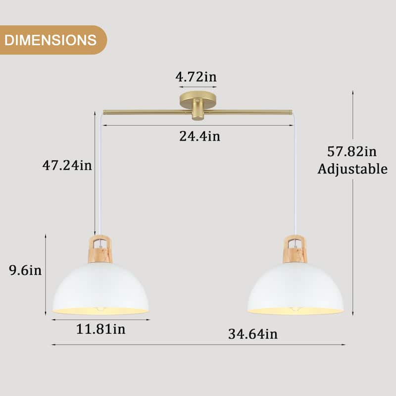 2-Light Metal Dome Hanging Foyer Pendant Light Island Chandelier for Dining Room