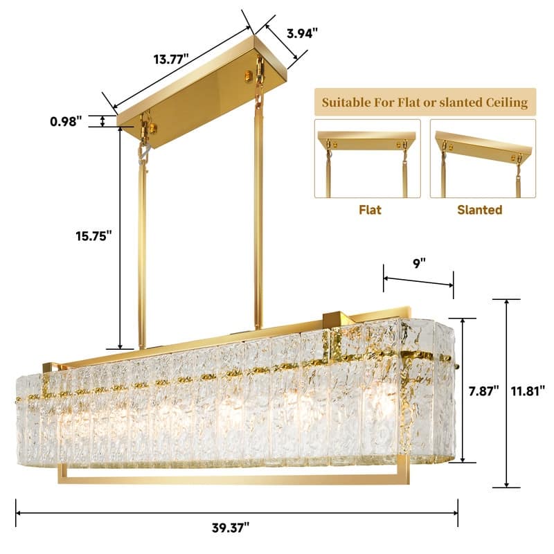 6 lights Rectangle Gold Crystal Chandeliers for Dining Room, 39" Large Linear Water Ripple Glass Island Light Fixture