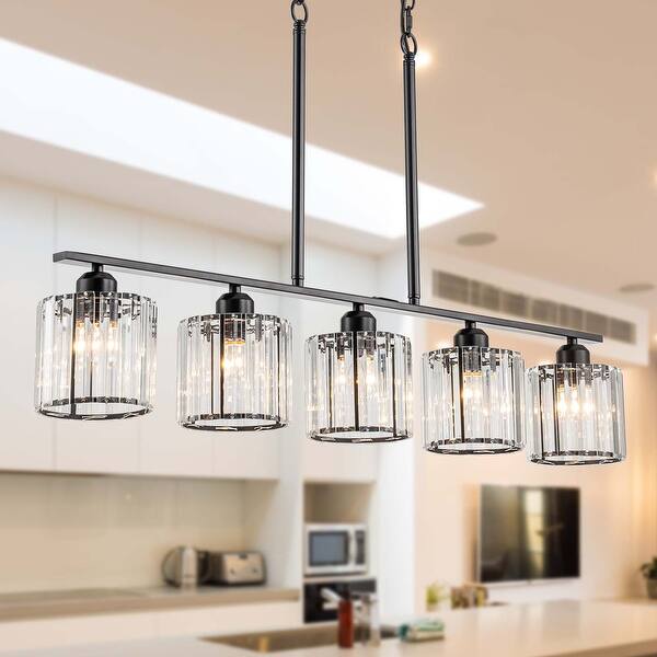 Starsky 5-Light Modern Glass Crystal Chandelier Cluster Linear Kitchen Island Light with Cylindrical Shade