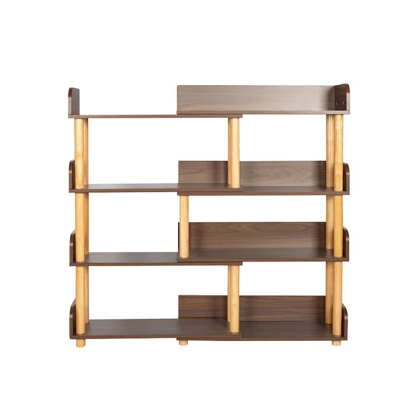 Roomfitters Rotatable Corner Bookcase, 4-Tier Retractable Wooden Storage Rack, Flexible Utility Organizer, Walnut