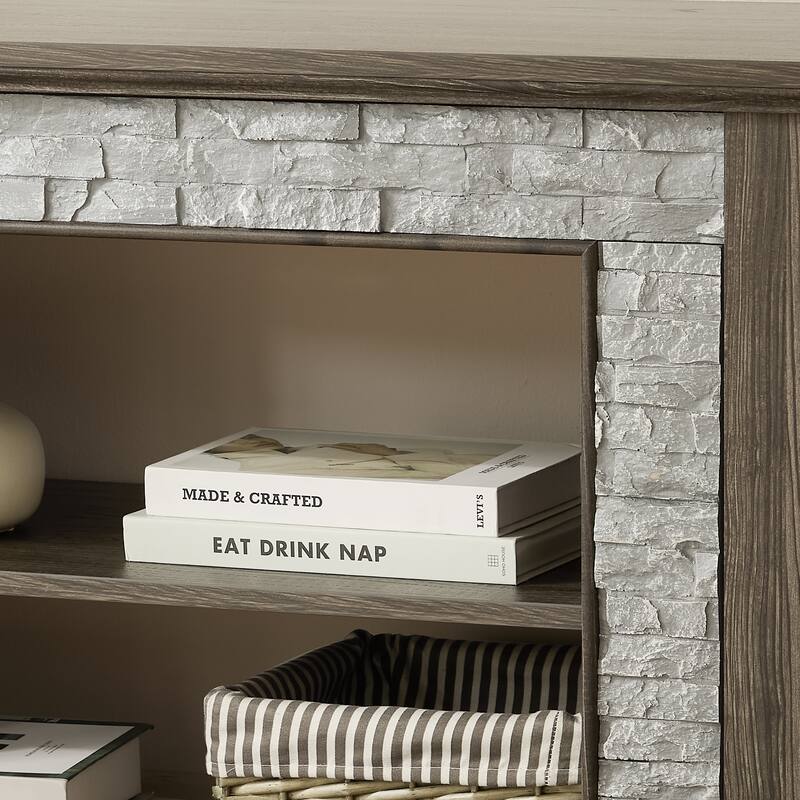 GDFStudio Alice Wood 70" TV Stand with Faux Stone Surround and 2 Door Storage