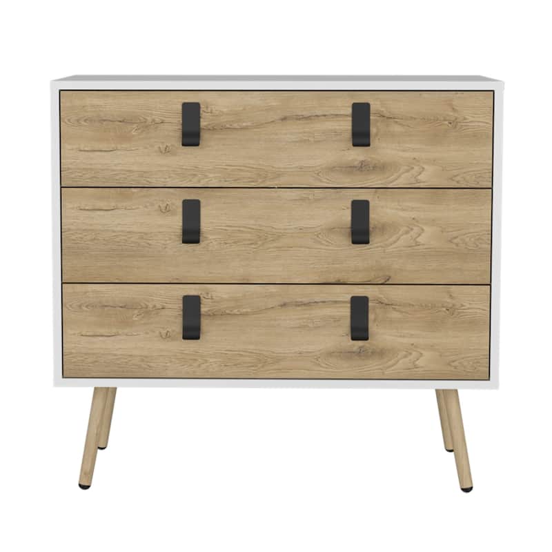 Modern Bedroom Dresser 3 Drawer Wood Chest with Metal Handles and Smooth Metal Slides for Bedroom or Office - White-Natural