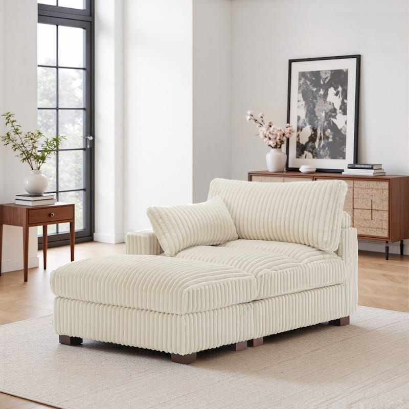 Modren Plush Upholstered Coner Chair and Ottoman Set - White - Left Facing