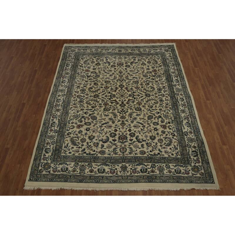Hand Knotted Oriental 100% Wool Carpet Traditional Floral Beige & Ivories Kashan Area Rug - 11' 10'' X 9' 1''