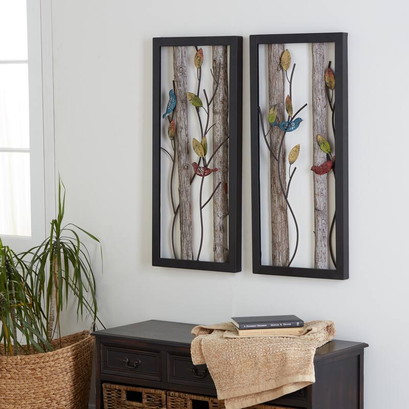 Black Metal Bird Wall Decor with Tree Branches and Colorful Leaves