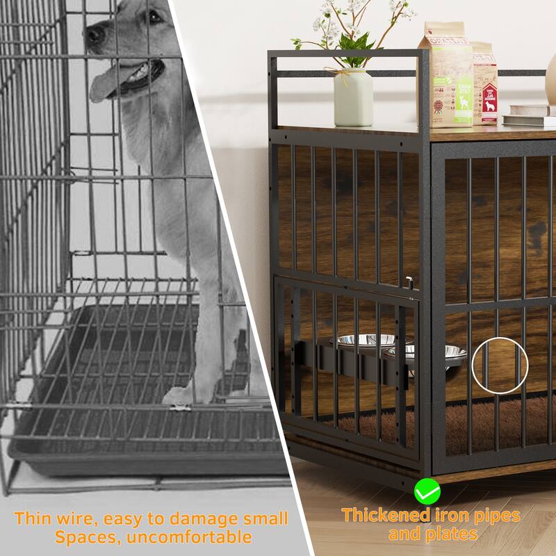 Dog Cage Furniture with Cushion, Dog Kennel Indoor with Rotating Feeder Bowls, Heavy Duty Indoor Cage Kennel