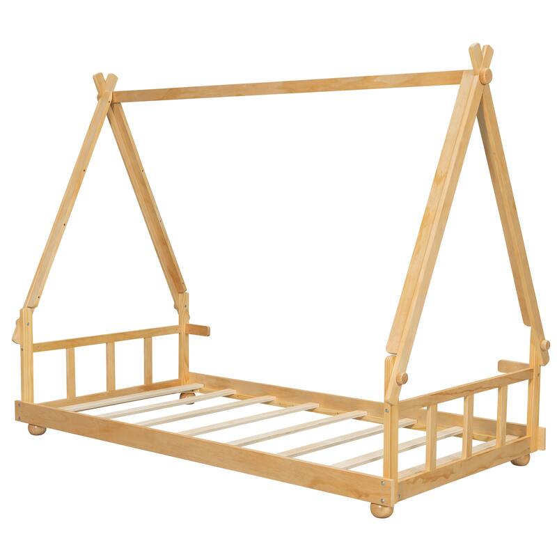 House Bed with Antler Accents Light Tent and Roof Wood Bed Frame