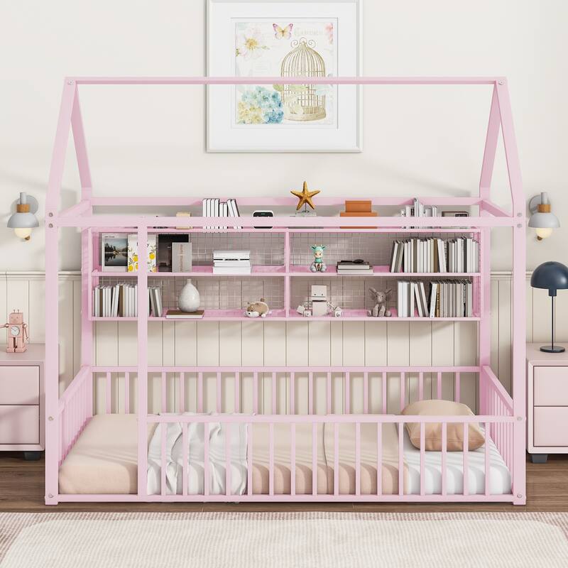 Full Size Metal House Bed Frame with Built-In Grid Shelves, Playful Canopy Design and Space-Saving Storage
