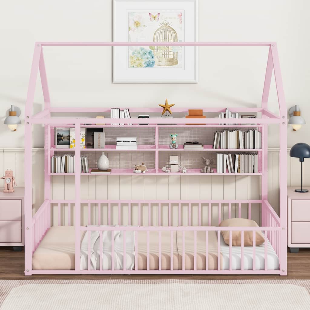 House Floor Bed for Kids Full Size Montessori Bed Frame with Shelves