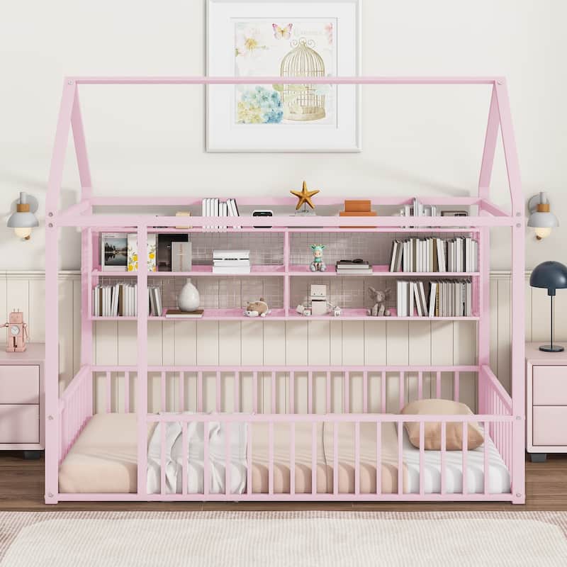Twin Size Metal House Platform Bed Frame with Storage Shelves,Fence and Shelves