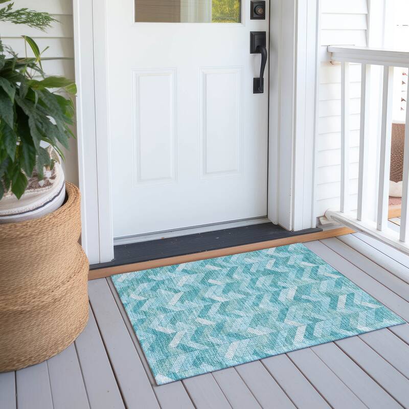 Machine Washable Indoor/ Outdoor Modern Chevron Chantille Rug - Aqua - 1'8" x 2'6"
