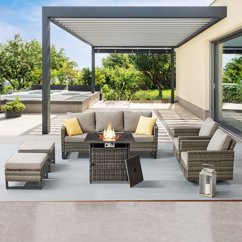 Gymojoy Outdoor Fire Pit Conversation Set, Patio Furniture with Cushions - 6 PCS - Sofa & Swivel Chair & Ottomans & Fire Pit - Grey Wicker / Grey Cusion