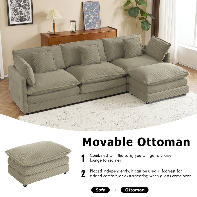 Roomfitters Spacious Modular Corduroy L-Shape Sectional Sofa with Side Storage Pockets for Living Room Convenience
