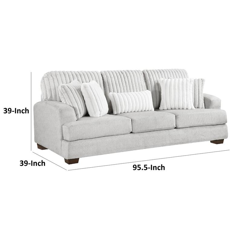 Witz Sofa, 96 Inch, 5 Pillows, Ribbed Texture Light Gray Corduroy