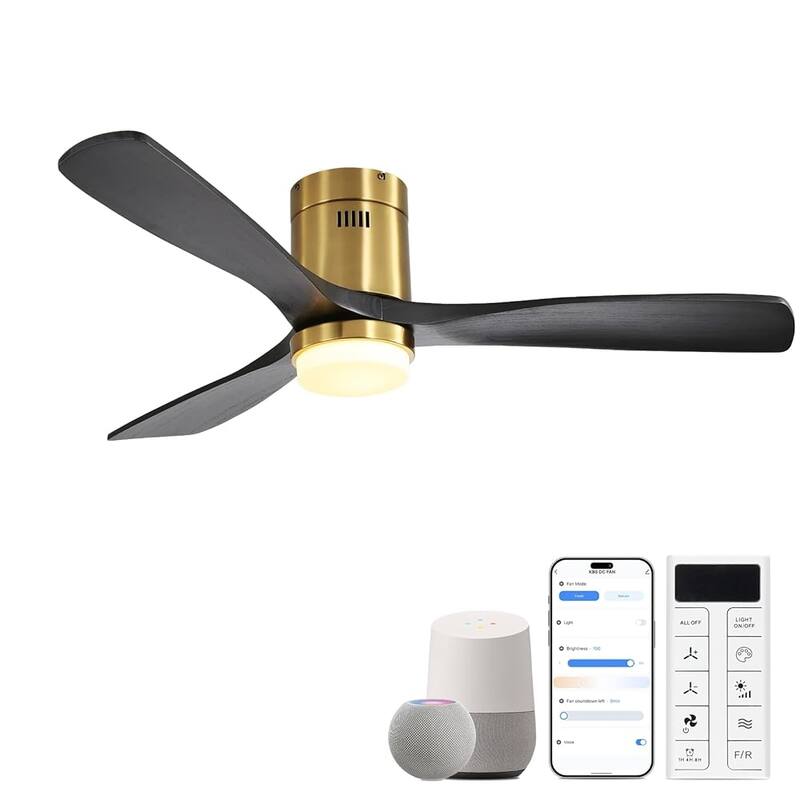 Sofucor 52 Inch Flush Mount Ceiling Fan with Remote, Reversible Motor,Integrated Light Optional - Smart With Light - Gold with Black Blades